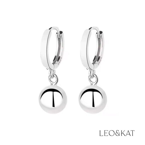 Silver Ball Dangle Huggie Earrings. 925 Sterling Silver. #1129 - Picture 3 of 3